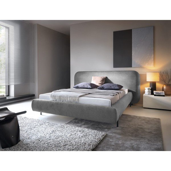 Pelēka polsterēta divvietīga gulta ar veļas kasti un ar redelēm 180x200 cm Pointt – ELTAP-image-1