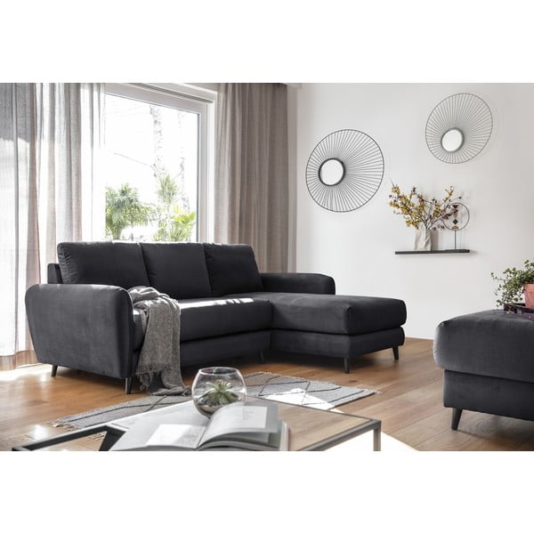 Tumši pelēks samta stūra dīvāns ar kāju soliņu Miuform Cozy Claire, labais stūris-image-4