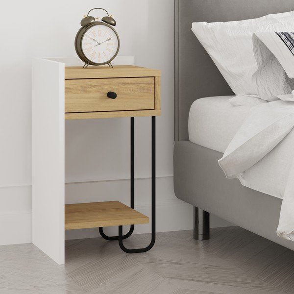 Balts/dabīga toņa naktsskapītis ar ozolkoka imitāciju ar plauktiem Mercure – Marckeric-image-4