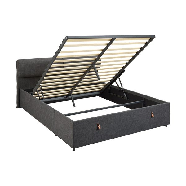 Tumši pelēka polsterēta divvietīga gulta ar veļas kasti ar redelēm 160x200 cm Calvi – Actona-image-3