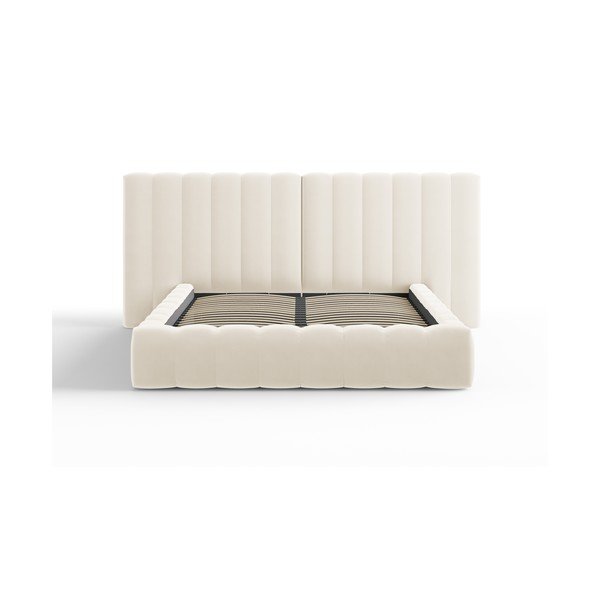 Bēša polsterēta divvietīga gulta ar veļas kasti un režģi 160x200 cm Gina – Milo Casa-image-1