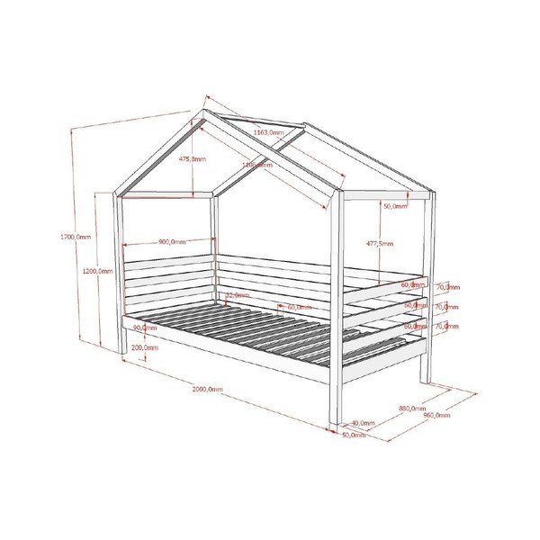 Balta priedes masīvkoka bērnu gulta mājas formā ar redelēm 90x200 cm Dallas – Vipack-image-2