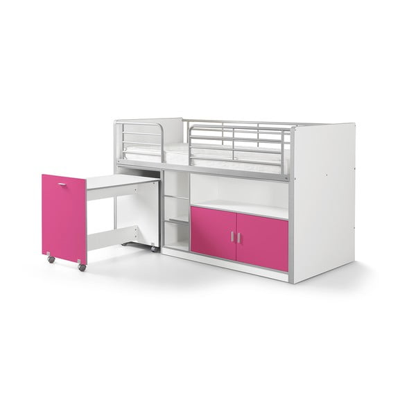Balta un fuksijas krāsas divstāvu gulta ar izvelkamu galdu un uzglabāšanas vietu Vipack Bonny, 200 x 90 cm