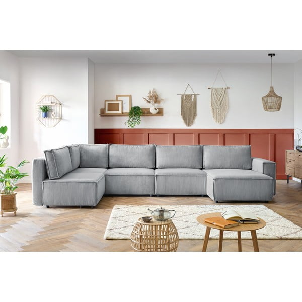 Gaiši pelēks velveta stūra dīvāns (ar kreiso stūri/U veida) Nihad modular – Bobochic Paris-image-1