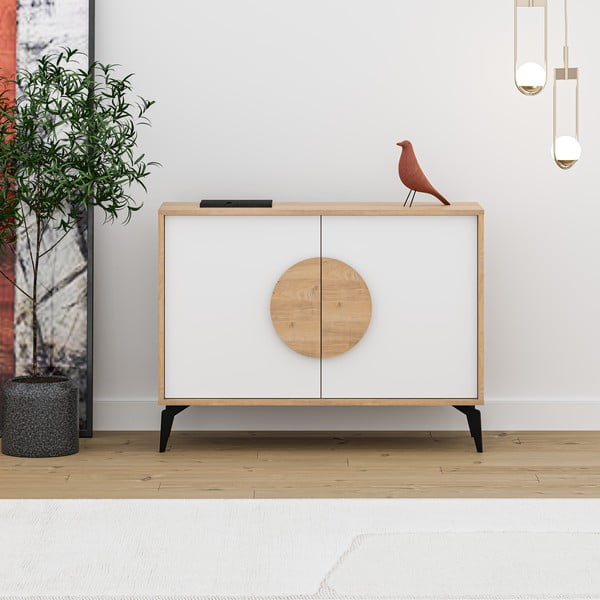 Balta/dabīga toņa zema kumode ar ozolkoka imitāciju 110x82 cm Vae – Marckeric-image-2