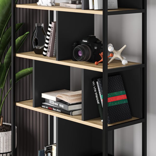 Melns/dabīga toņa grāmatplaukts ar ozolkoka imitāciju 88x175 cm Alabama – Marckeric-image-3