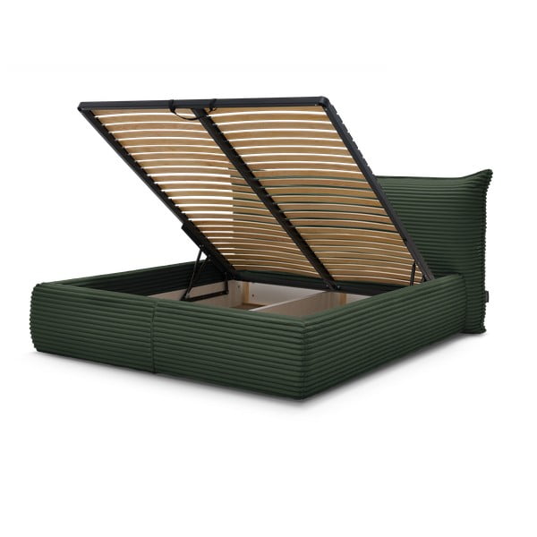 Tumši zaļa polsterēta divvietīga gulta ar veļas kasti un redelēm 160x200 cm Jade – Bobochic Paris-image-1