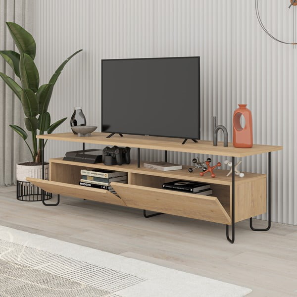 Dabīga toņa TV galdiņš ar ozolkoka imitāciju 150x45 cm Dilly – Marckeric-image-2
