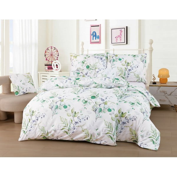 Balta/zaļa vienguļamā sešdaļīga gultas veļa no mikrosatīna 140x200 cm Abigail – My House