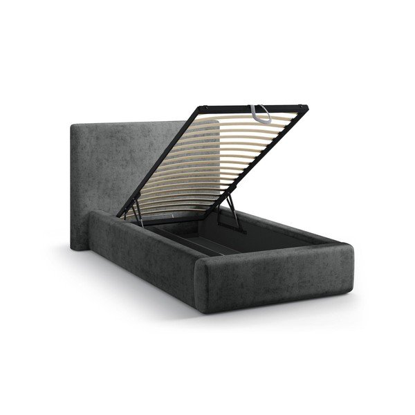 Tumši pelēka polsterēta vienvietīga gulta ar veļas kasti un redelēm 90x200 cm Amy – Micadoni -image-1