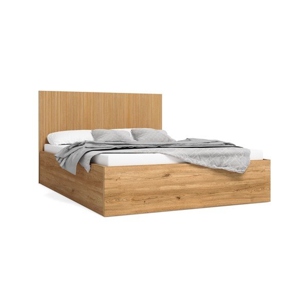 Dabīga toņa divvietīga gulta ar ozolkoka imitāciju un veļas kasti 140x190 cm Rayana – Marckeric