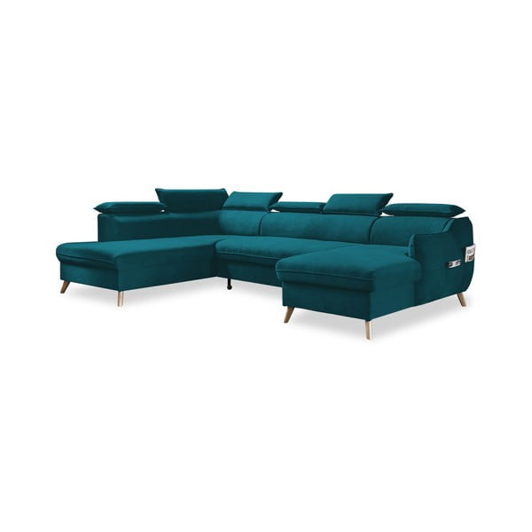 Tirkīzzils samta salokāms stūra dīvāns (ar kreiso stūri/U veida) Sweet Harmony – Miuform