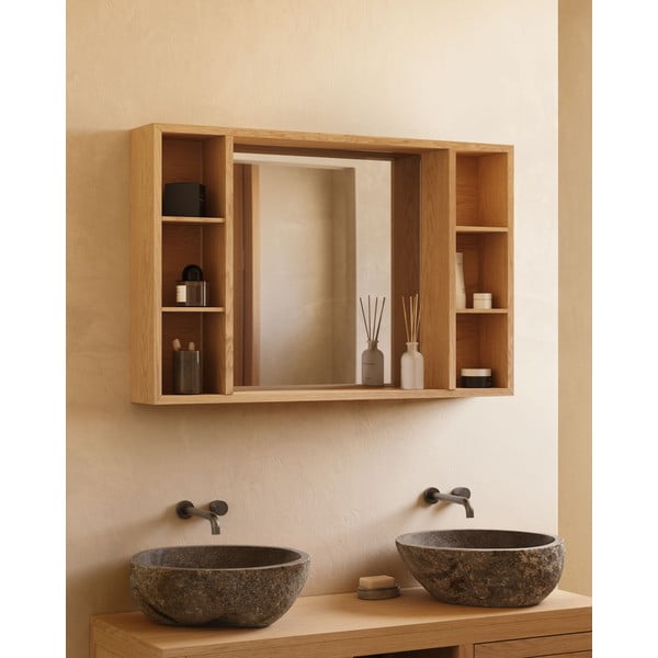 Dabīga toņa tīkkoka masīvkoka piekarams vannas istabas skapis ar spoguli 100x65 cm Parana – Kave Home-image-3