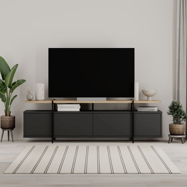 Melns TV galdiņš ar ozolkoka imitāciju 160x48 cm Hinoa – Marckeric-image-1