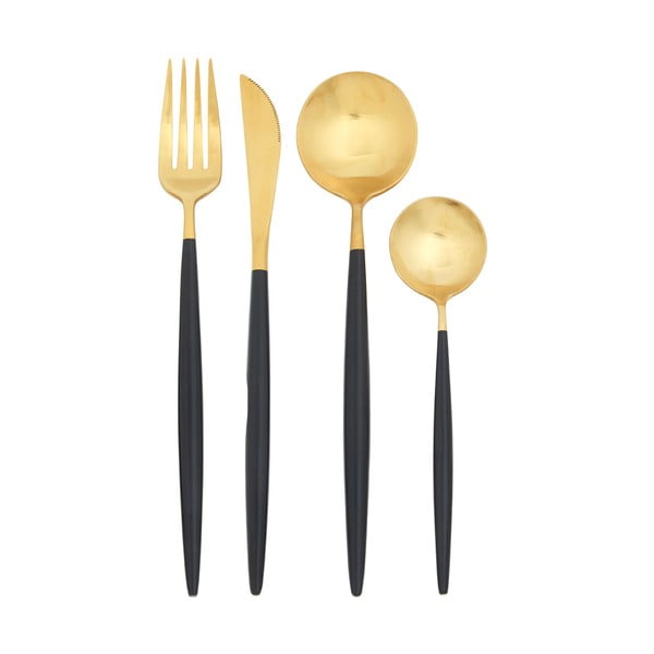 Melni/zelta krāsas nerūsējošā tērauda galda piederumi (16 gab.) Avie – Premier Housewares