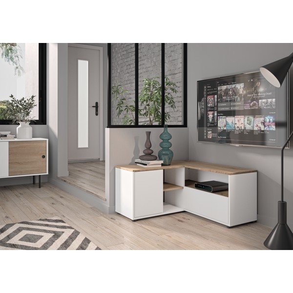 Balts/dabīga toņa TV galdiņš ar ozolkoka imitāciju 90x45 cm Angle – TemaHome-image-1