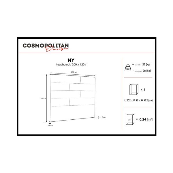 Tumši pelēks gultas galvgalis Cosmopolitan Design New York, platums 200 cm-image-4