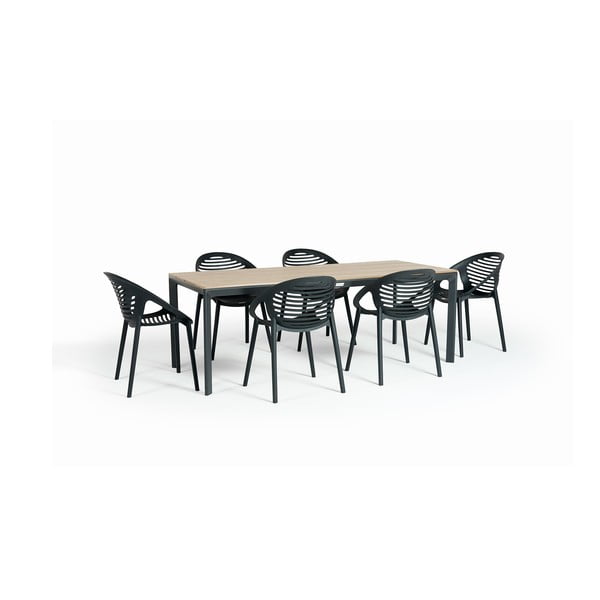 Dārza mēbeļu komplekts 6 personām ar melniem Joanna krēsliem un Thor galdu, 210 x 90 cm