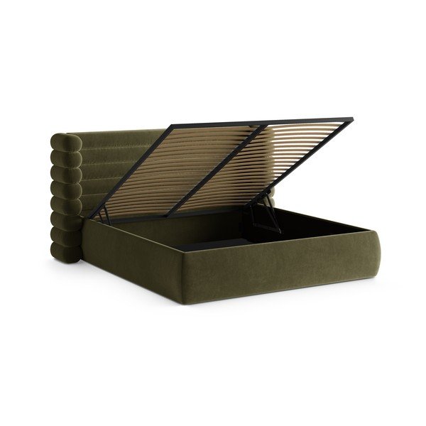 Zaļa polsterēta divvietīga gulta ar veļas kasti un redelēm 200x200 cm Mount – Micadoni -image-2