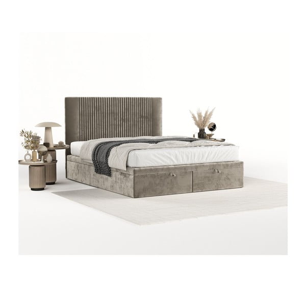 Bēša polsterēta divvietīga gulta ar veļas kasti 160x200 cm Mavel – Maison de Rêve-image-2