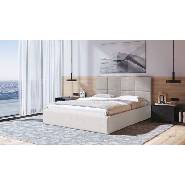 Bēša polsterēta divvietīga gulta ar veļas kasti ar redelēm 160x200 cm Bufo – MESONICA-image-1