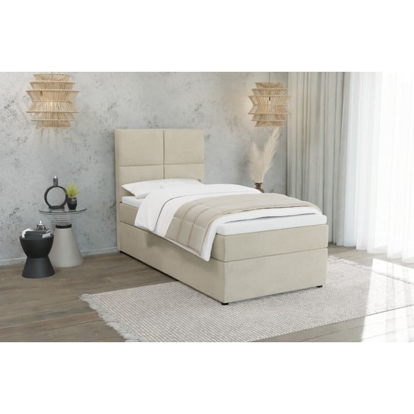 Bēša polsterēta vienvietīga gulta ar veļas kasti un redelēm  80x200 cm Lena – Ropez-image-1