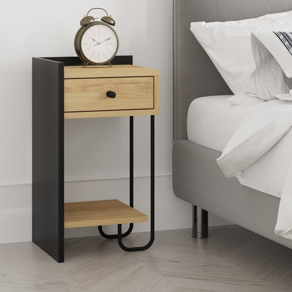 Melns/dabīga toņa naktsskapītis ar ozolkoka imitāciju ar plauktiem Mercure – Marckeric-image-1