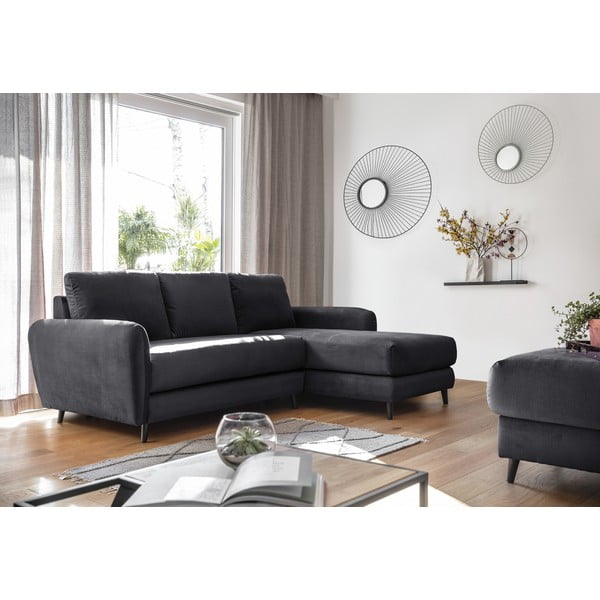 Tumši pelēks samta stūra dīvāns ar kāju soliņu Miuform Cozy Claire, labais stūris-image-2