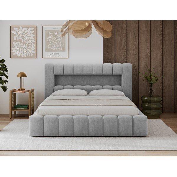Gaiši pelēka polsterēta divvietīga gulta ar veļas kasti un ar redelēm 160x200 cm Lamica – ELTAP-image-2