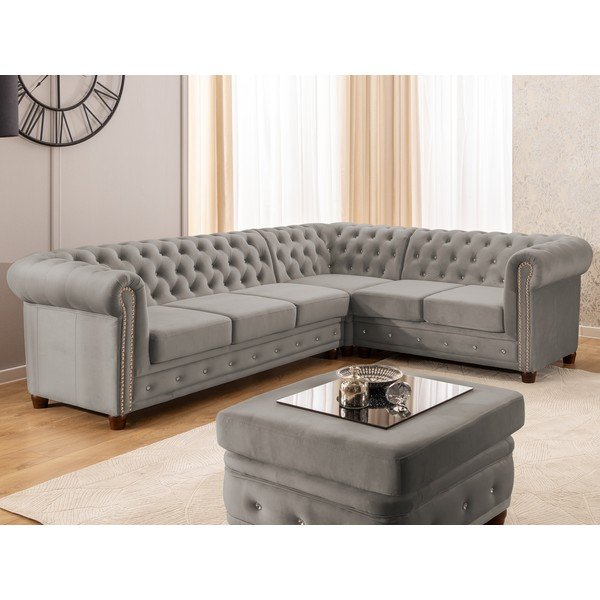 Pelēks samta salokāms stūra dīvāns (ar labo stūri/L veida) York Blik – Ropez-image-1