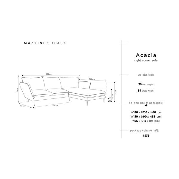 Gaiši pelēks samta stūra dīvāns Mazzini Sofas Acacia, labais stūris-image-3
