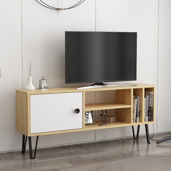 Balts/dabīga toņa TV galds ar ozolkoka imitāciju 120x52 cm Arven – Kalune Design-image-1