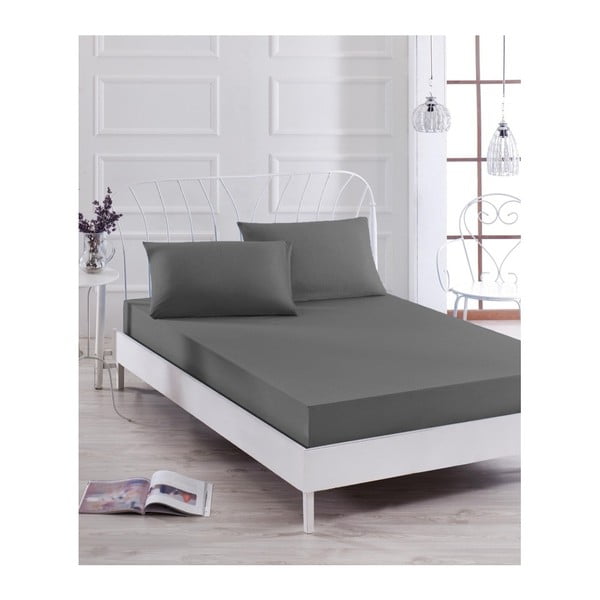 Pelēkas elastīgas gultas pārklāji un 2 spilvendrānas vienvietīgai gultai Basso Gris, 160 x 200 cm