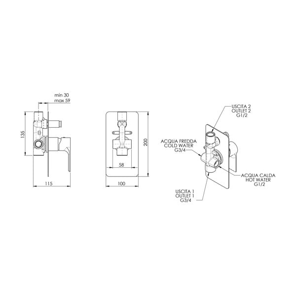 Matēti melns iebūvēts jaucējkrāns dušai (ar 2 izvadiem) Pax – Sapho-image-1