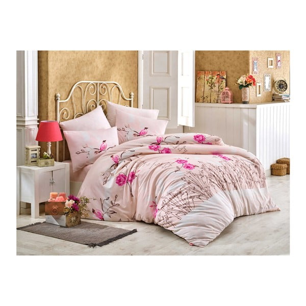 Rozā kokvilnas gultas veļa ar gultas pārklāju vienvietīgai gultai Rose, 160 x 220 cm