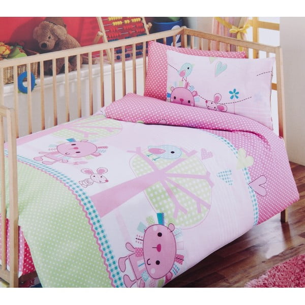 Bērnu gultasveļas un palagu komplekts rozā zaļš, 120x150 cm