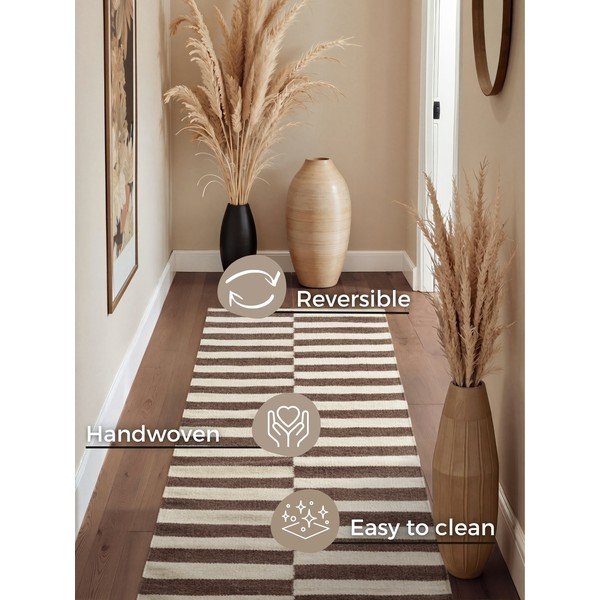 Balts/brūns divpusējs/ar rokām darināts vilnas celiņa paklājs 80x200 cm Vika – Hanse Home-image-4