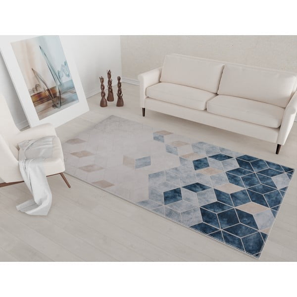 Tumši zils/krēmkrāsas mazgājams paklājs 80x50 cm – Vitaus-image-1