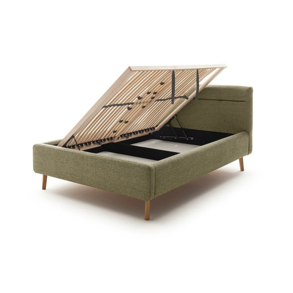 Zaļa polsterēta divvietīga gulta ar veļas kasti ar redelēm 140x200 cm Lotte – Meise Möbel-image-4