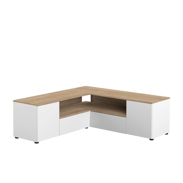Balts/dabīga toņa TV galdiņš ar ozolkoka imitāciju 130x46 cm Angle – TemaHome
