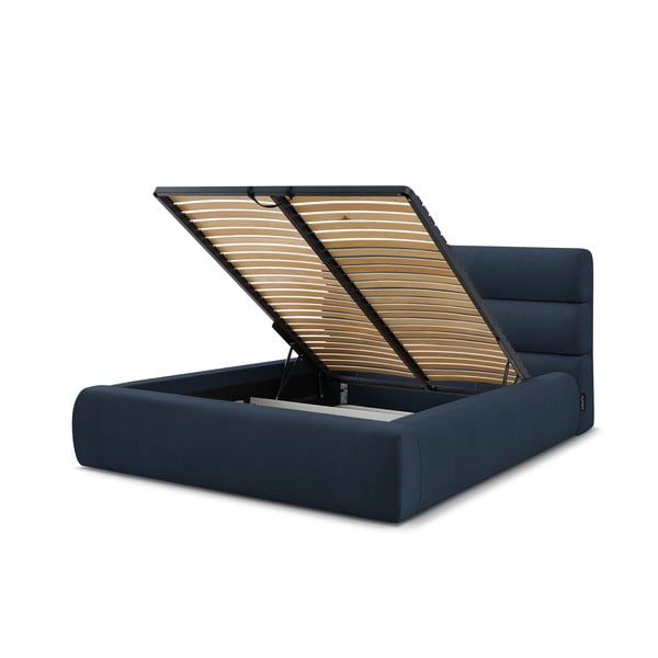 Tumši zila polsterēta divvietīga gulta ar veļas kasti un režģi 180x200 cm Jagna – Bobochic Paris-image-4