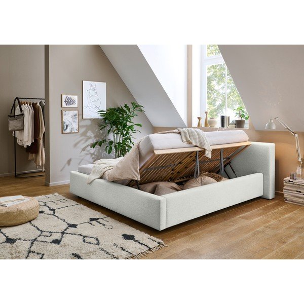 Balta polsterēta divvietīga gulta ar veļas kasti un redelēm 180x200 cm Cube – Meise Möbel-image-1