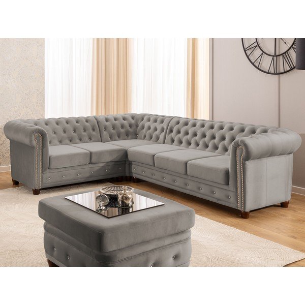 Pelēks samta salokāms stūra dīvāns (ar kreiso stūri/L veida) York Blik – Ropez-image-1