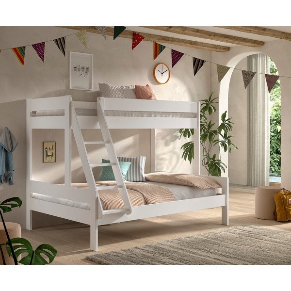Balta divstāvu bērnu gulta ar redelēm 140x200/90x200 cm Primo – Vipack-image-1