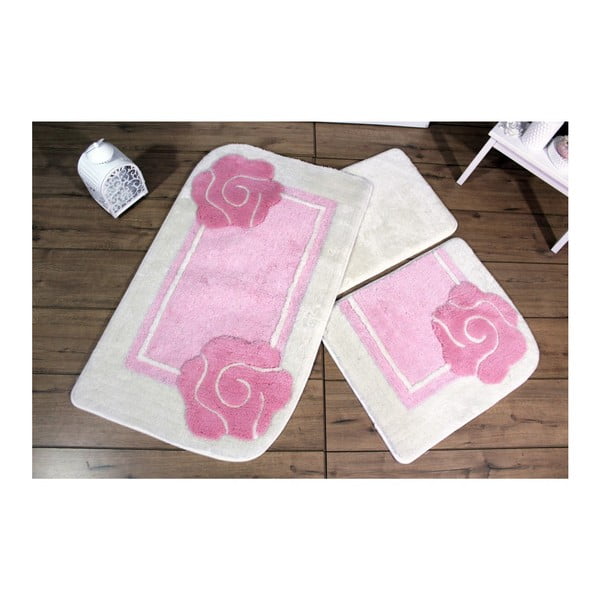 Trīs vannas istabas paklājiņu komplekts ar ziedu motīvu rozā un baltā krāsā Knit Knot