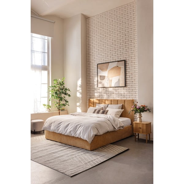 Sinepju dzeltena polsterēta divvietīga gulta ar veļas kasti un redelēm 180x200 cm Thessa Bold Line – Bonami Selection-image-1