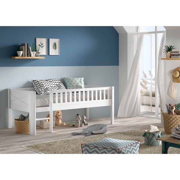 Balta priedes masīvkoka paaugstināta bērnu gulta ar redelēm 90x200 cm Scott – Vipack-image-1