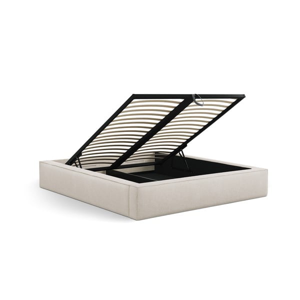 Krēmkrāsas polsterēta divvietīga gulta ar veļas kasti un redelēm 140x200 cm Simon – Micadoni -image-3