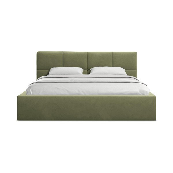 Zaļa samta polsterēta divvietīga gulta ar veļas kasti ar redelēm 140x200 cm Hiko – Makamii-image-3