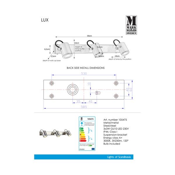 Metāla trīskārša sienas lampa Markslöjd Lux-image-1